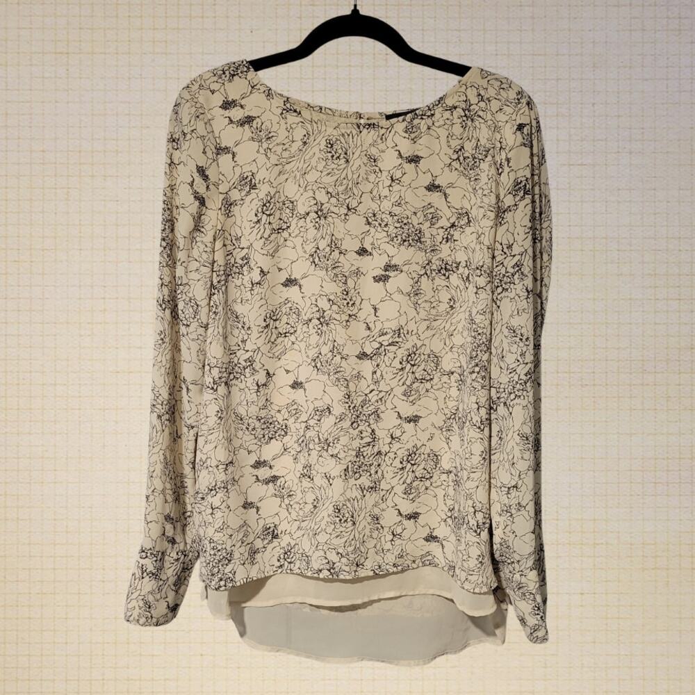 Contemporary Business Casual The Limited Floral Asymmetrical Blouse Medium Beige